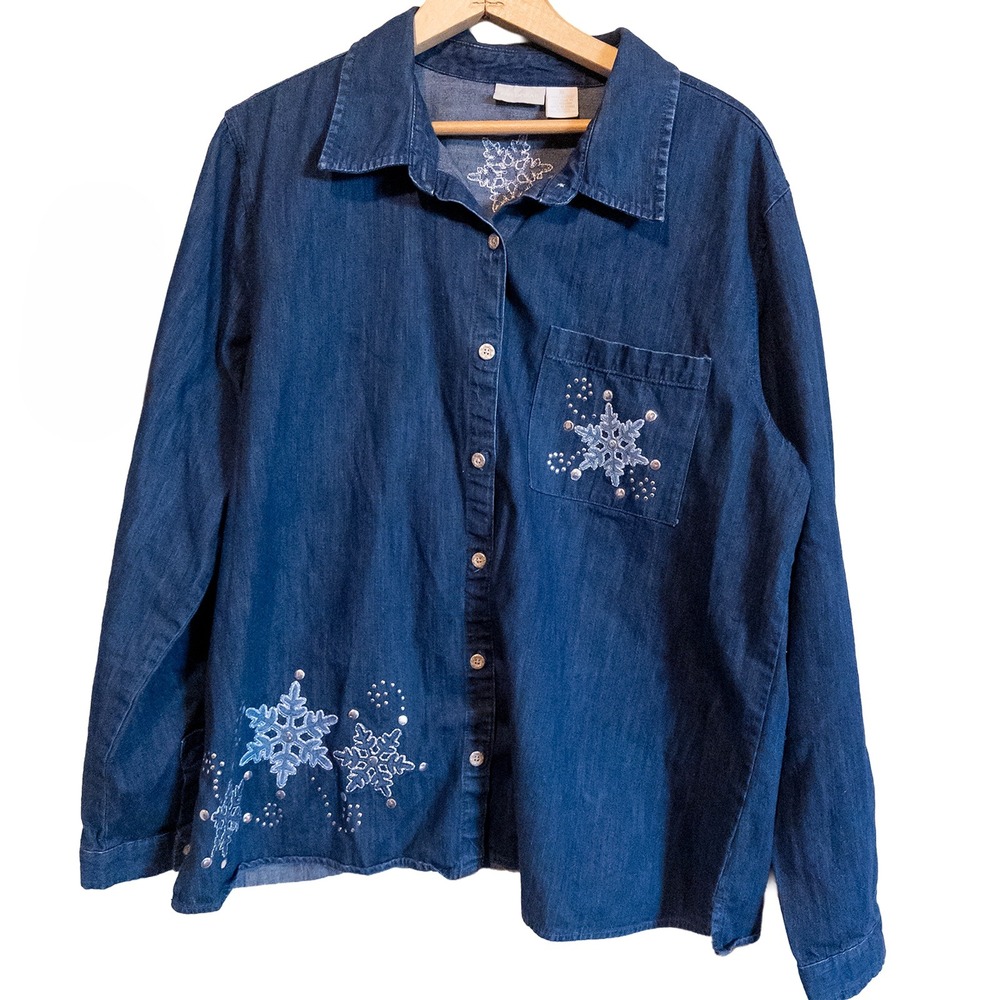 VTG Fieldgear Denim Snowflake Button Up Shirt Embroidered Grandmacore Holiday XL